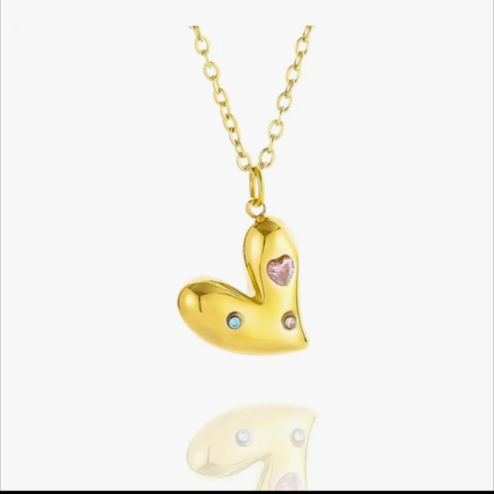 Gold  Plated Heart Pendant Necklace with Pink and Blue Accents. Stainless Steel.